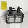 A black 3-in-1 kitchen soap dispenser set with glass compartments and black pump tops sits on a white surface.