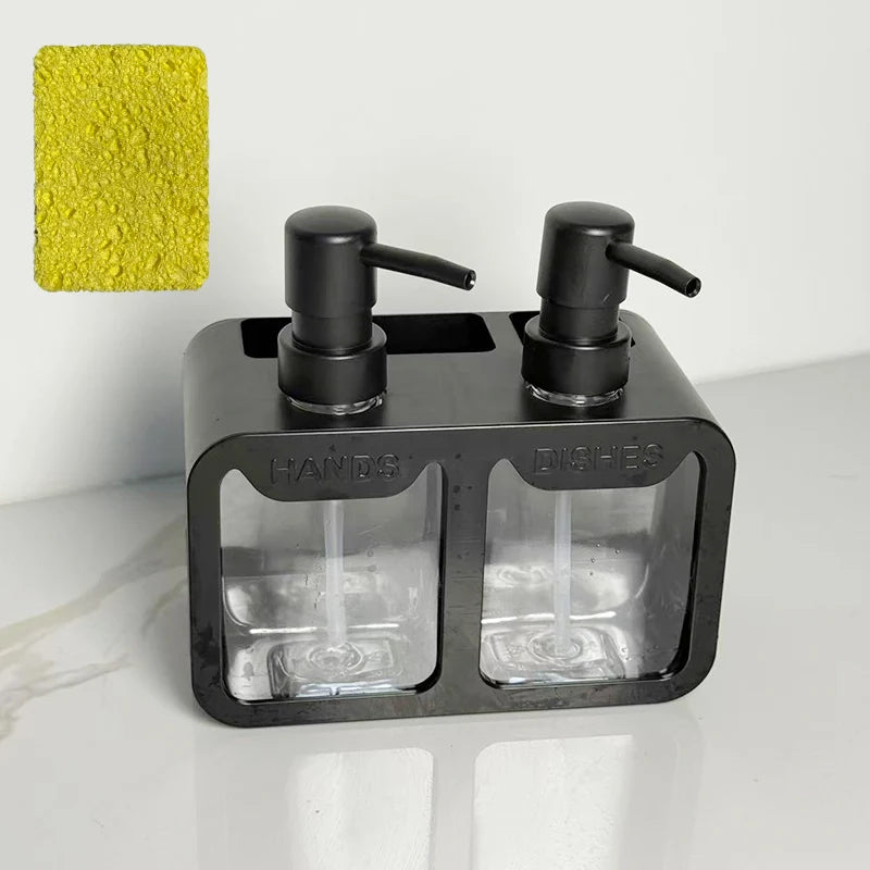 A black 3-in-1 kitchen soap dispenser set with glass compartments and black pump tops sits on a white surface.