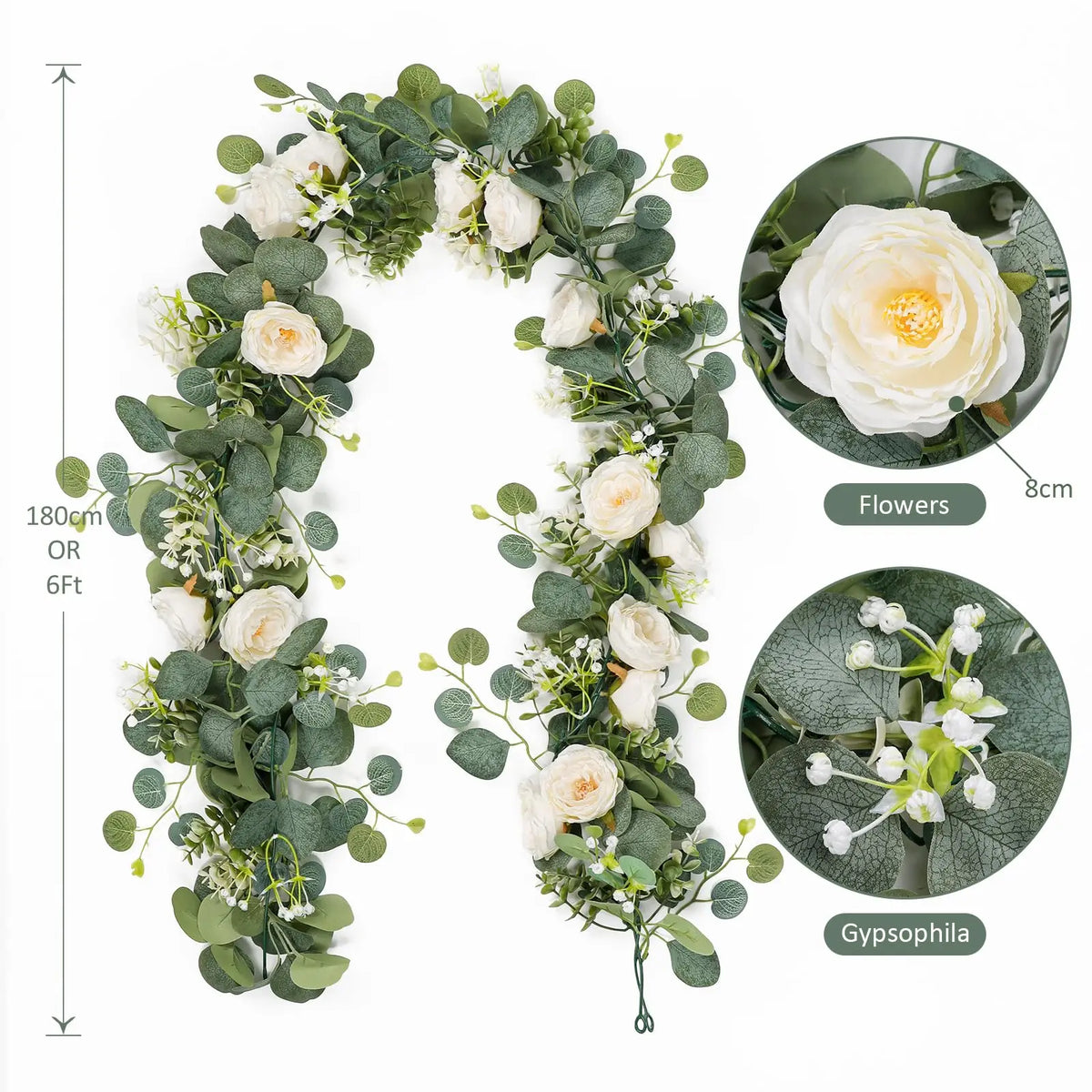 An artificial eucalyptus and rose garland featuring white flowers and green foliage.
