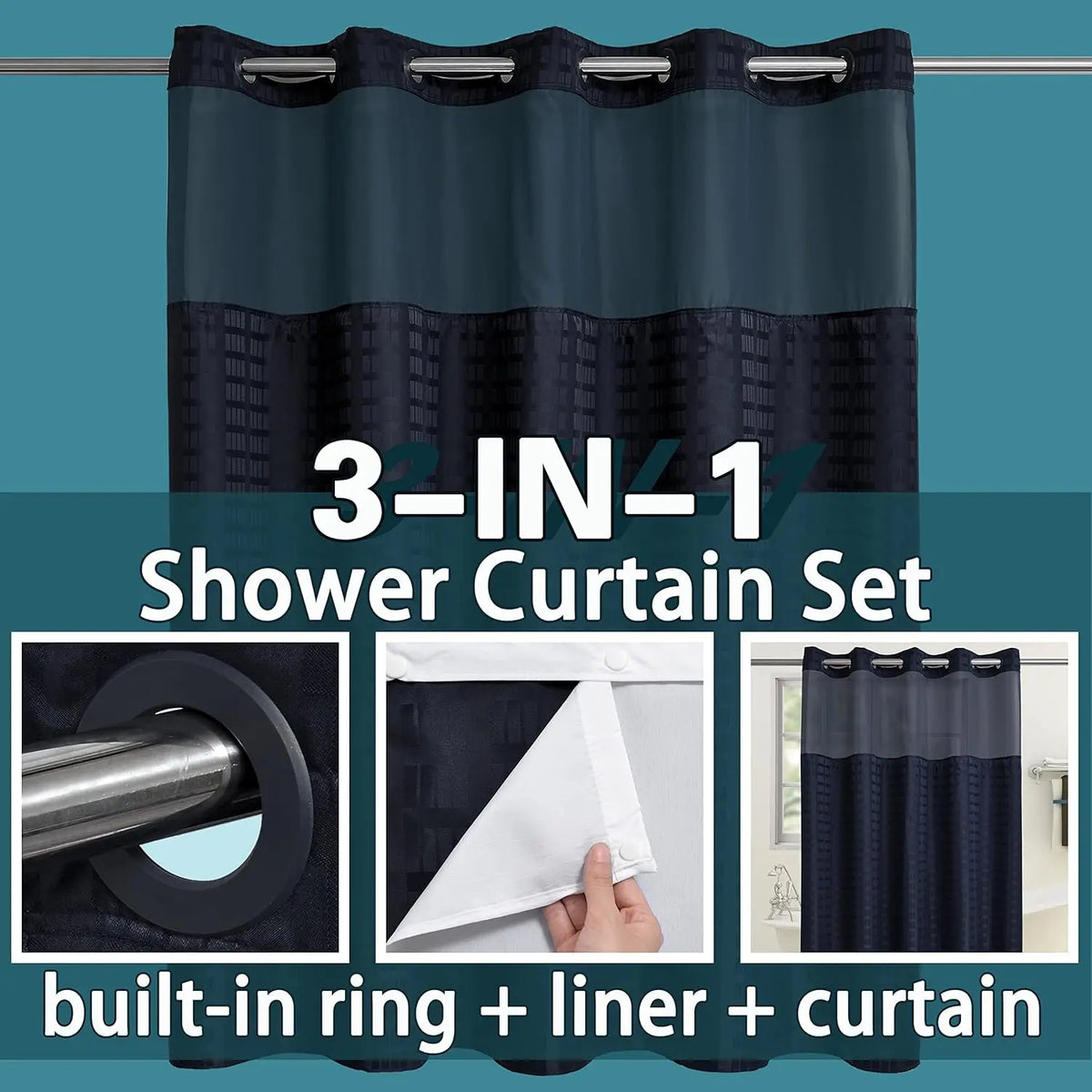 A set of shower curtain components including a built-in ring, liner, and curtain shown hanging on a rod.
