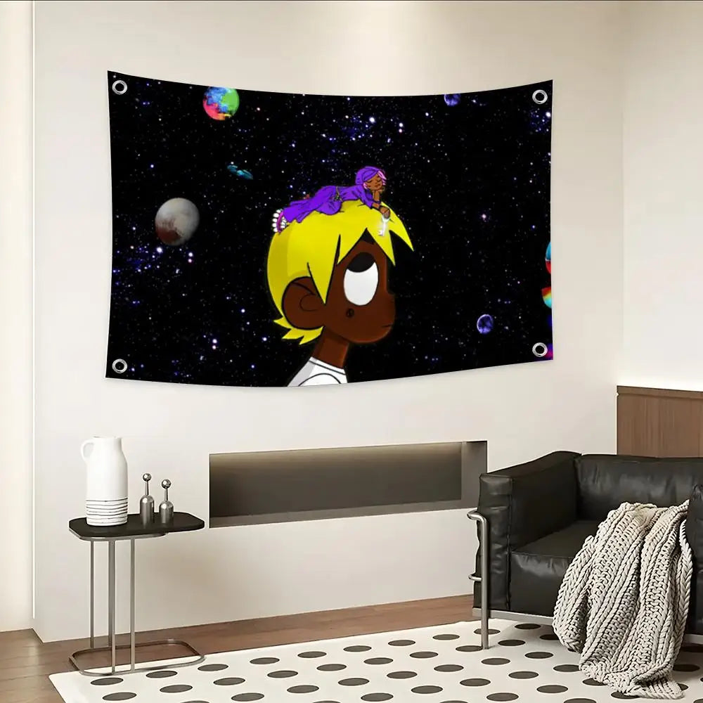 Canvas-Druck einer stilisierten gelbhaarigen Figur mit lila Kleidung vor dunklem Sternenhintergrund.