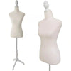 A white adjustable female dress form mannequin displayed on a stand.