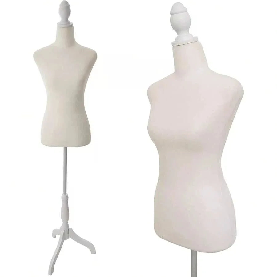 A white adjustable female dress form mannequin displayed on a stand.