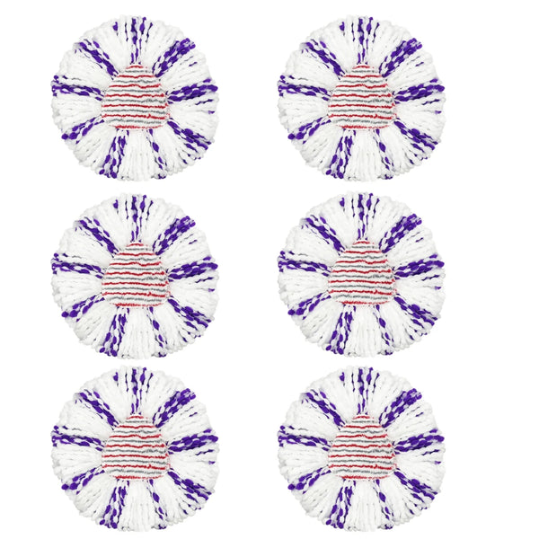 A set of replacement mop heads featuring white and purple fibers with red stripes.