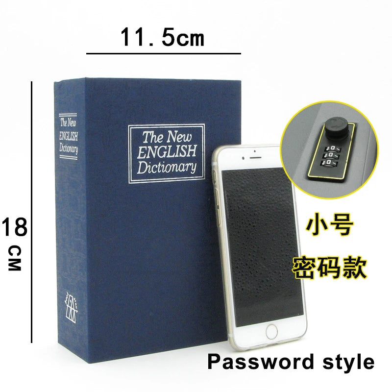 A dark blue box labeled The New ENGLISH Dictionary next to a smartphone showing a password style lock.