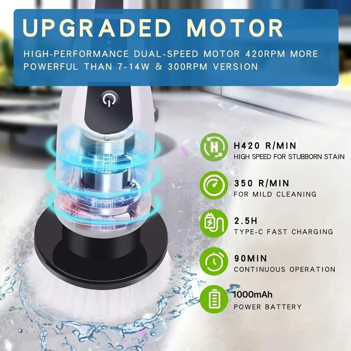 Primer plano de una brocha de limpieza eléctrica de doble velocidad mejorada con cabeza giratoria y batería visible en agua.