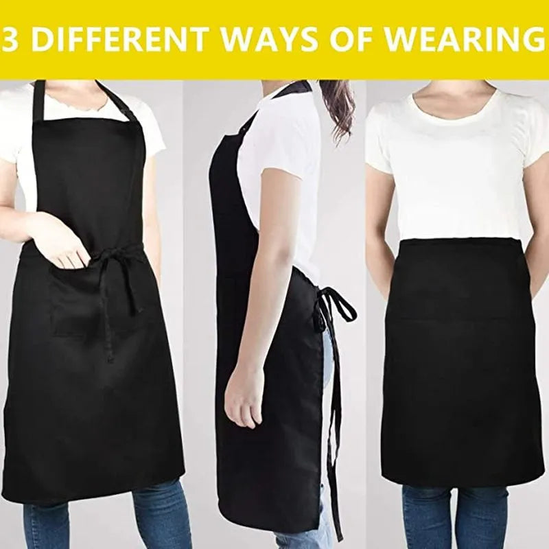Three ways of wearing a black adjustable unisex cooking apron for kitchen and bar use