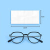 A pair of black eyeglasses is shown next to a rectangular white cleaning wipe, with dimensions indicated.