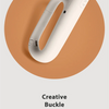 A white automatic folding umbrella with a creative buckle design shown against a beige background.