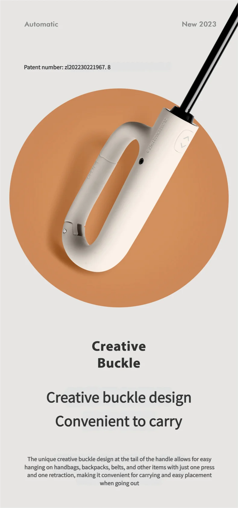 A white automatic folding umbrella with a creative buckle design shown against a beige background.