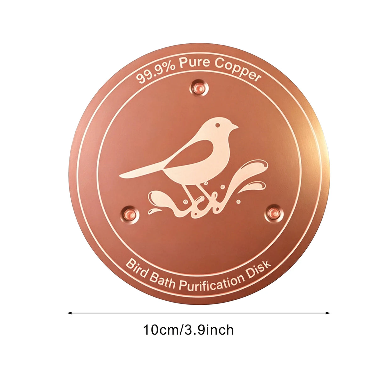 A round copper bird bath purification disk featuring a silhouette of a bird and triple-point support.