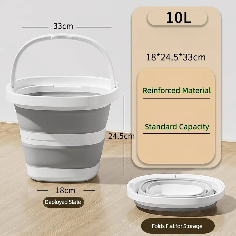 A white collapsible bucket with a handle is shown alongside its folded state and capacity details.