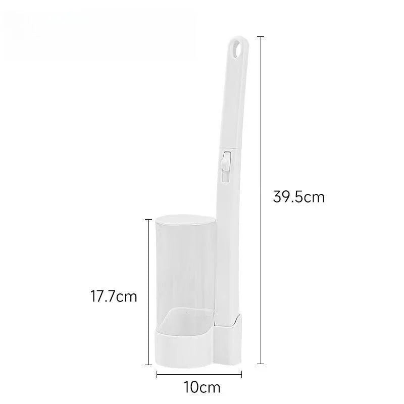 A white disposable toilet brush set with a long handle and a cylindrical brush head.