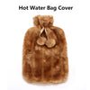 A fluffy brown faux fur cover for a hot water bottle, featuring a drawstring closure.