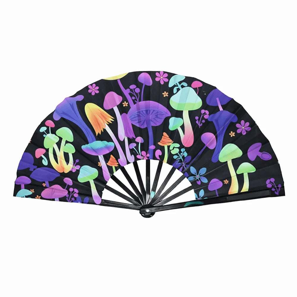 A hand fan with a holographic gradient pattern featuring various colorful mushrooms and flowers.