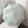 A light blue embroidered sun umbrella is shown open on a white surface.