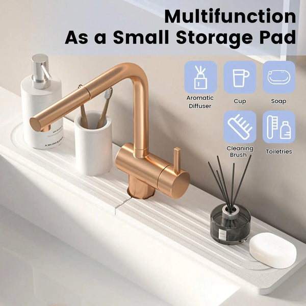 A brass faucet mat with multiple functions like an aromatic diffuser, cup holder, soap dispenser, cleaning brush, and toiletr