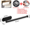 A black metal paper towel holder with a stainless steel finish shown alongside fixing methods and an adhesive component.