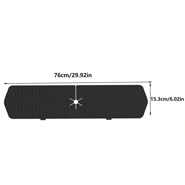 A black silicone kitchen sink drain mat shown from the top view with dimensions 76cm by 15.3cm.