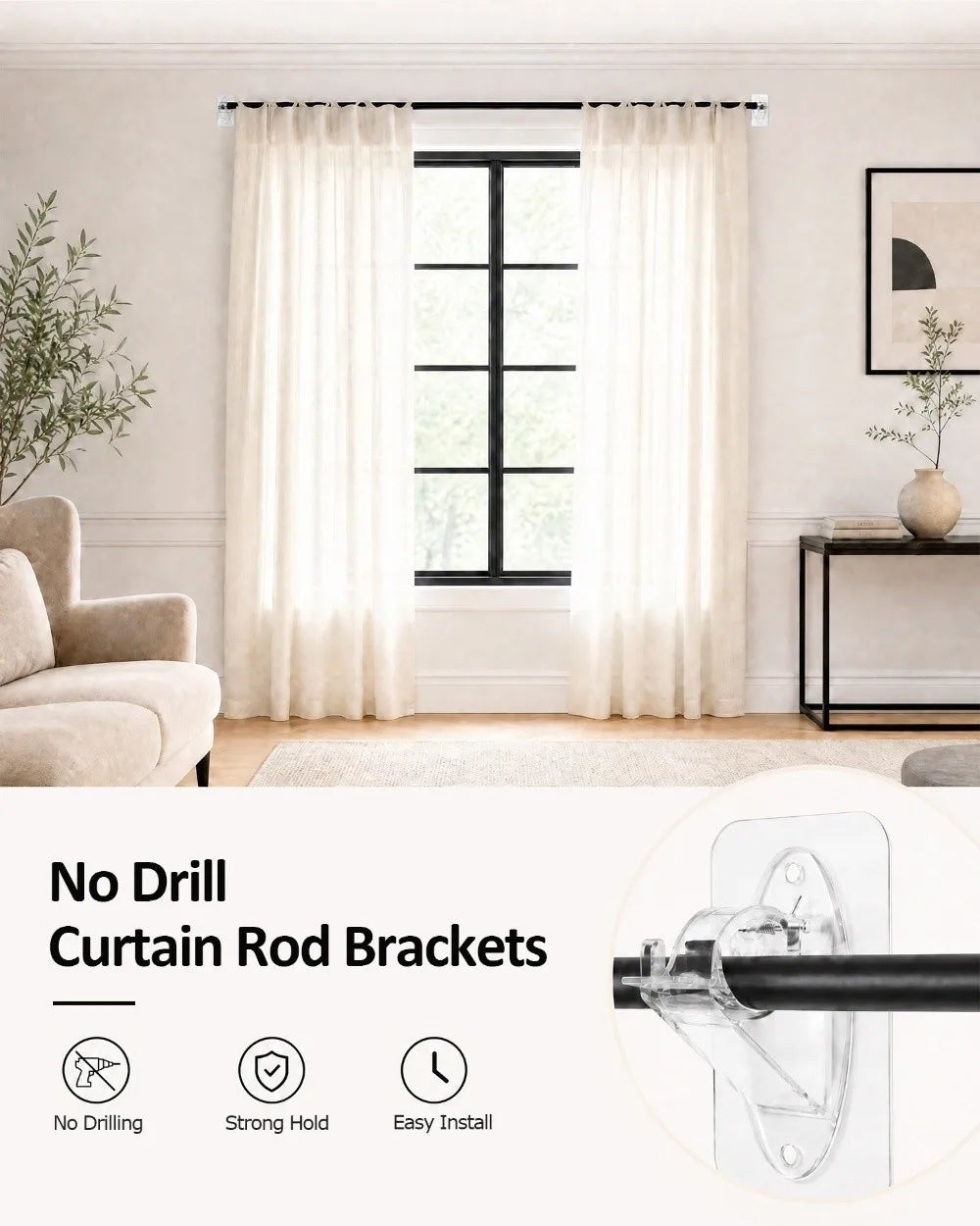 Close-up of heavy duty dual use curtain rod brackets installed on a white wall.