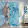 A blue and gold marble abstract fluid texture shower curtain featuring marbled tones.