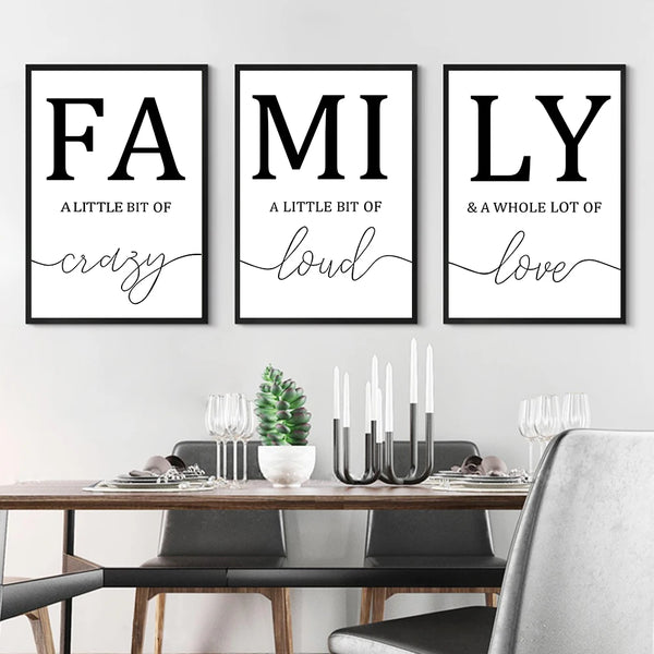 Three black and white framed wall art prints featuring the words Family, Military, and Love in elegant script