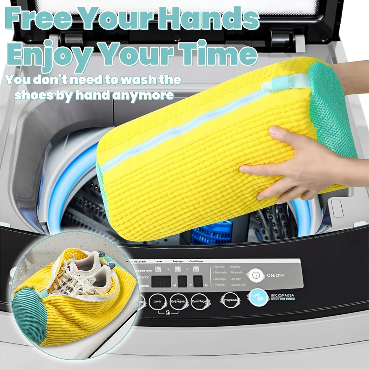 A yellow mesh shoe wash bag with a blue zipper is shown inside a washing machine drum.