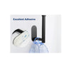 A black wall-mounted toilet paper holder with a white adhesive strip and two blue bottles shown against a white background.