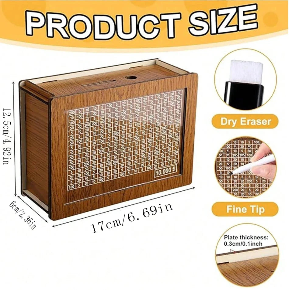 Una caja de ahorros de madera con una cuadrícula de papeles numerados y una goma de borrar seca junto al producto.
