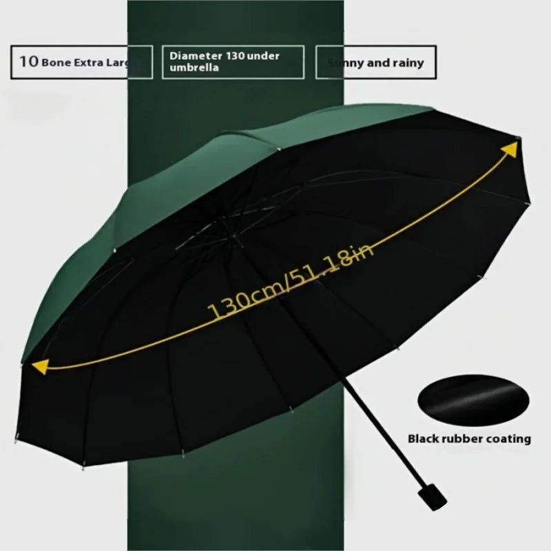 A black umbrella with a 130 cm span is shown against a dark green background.