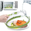 A hand holds a clear microwave splatter cover with a food item inside, demonstrating its use.