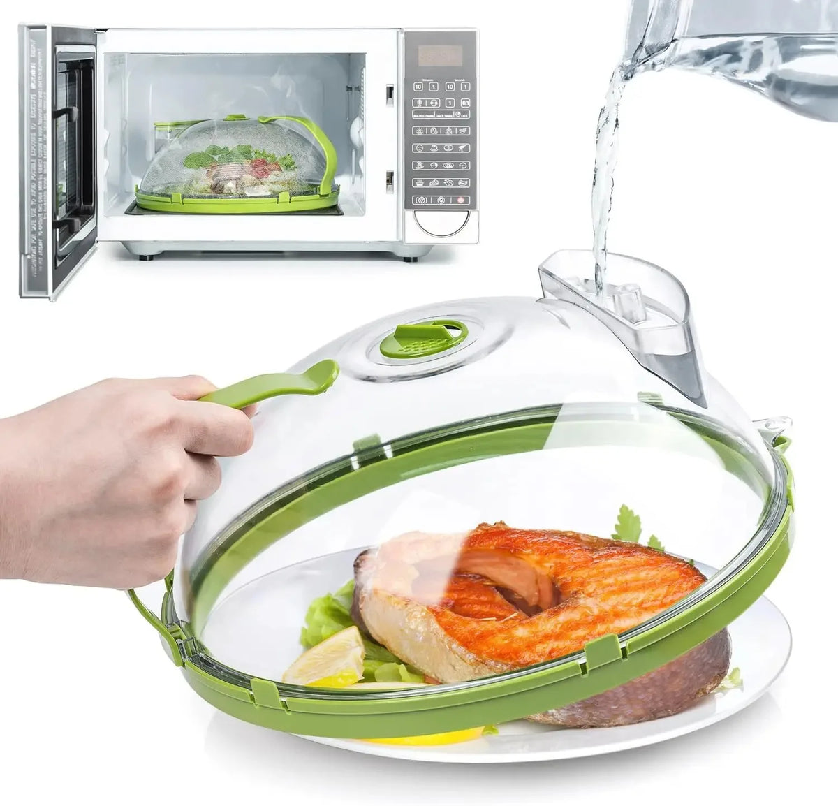 A hand holds a clear microwave splatter cover with a food item inside, demonstrating its use.
