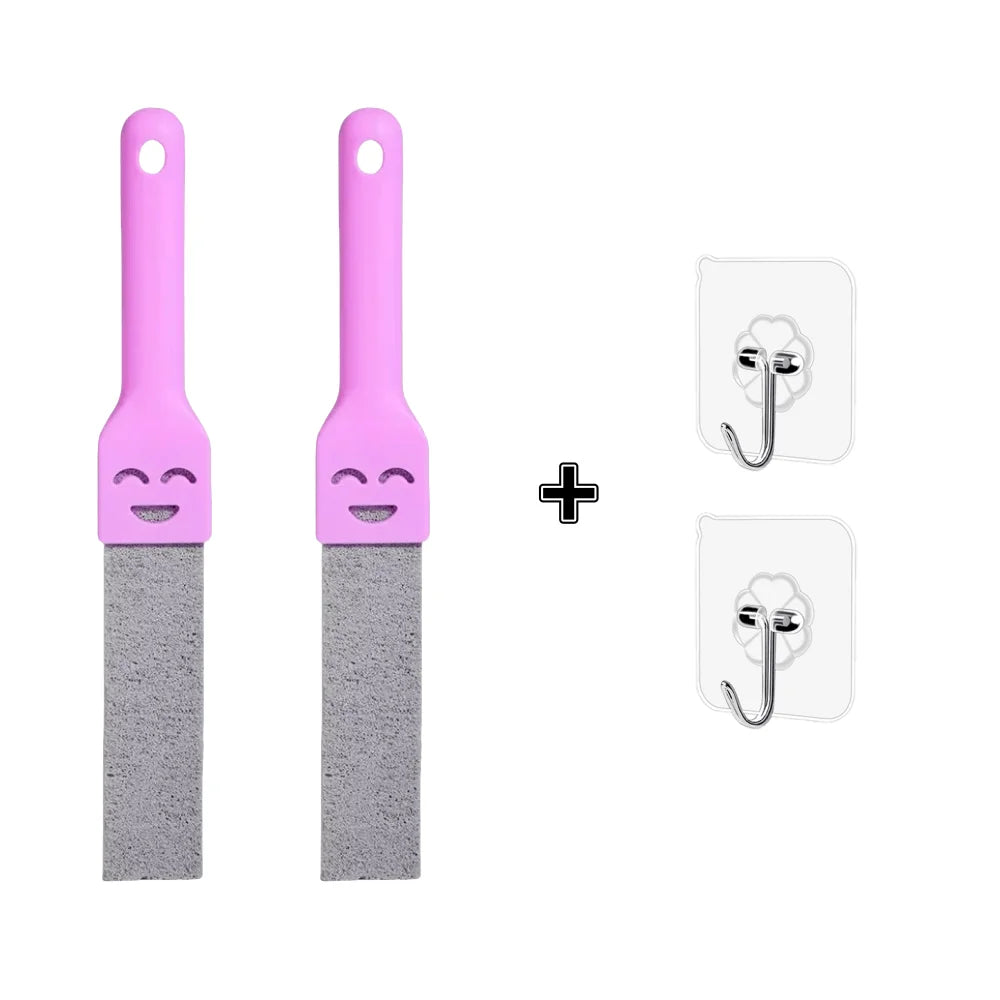 A pair of pink pumice cleaning scrubber sticks with gray abrasive heads and a plus sign tool.