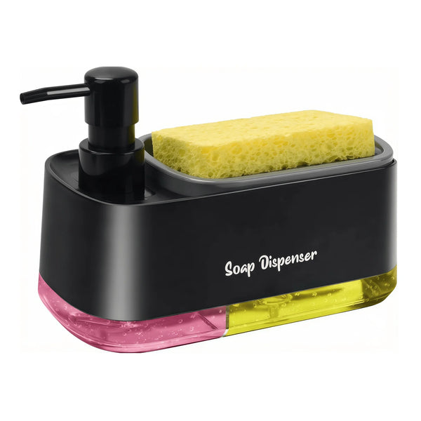 Dispensa de jabón negra con una barra amarilla y base rosa.