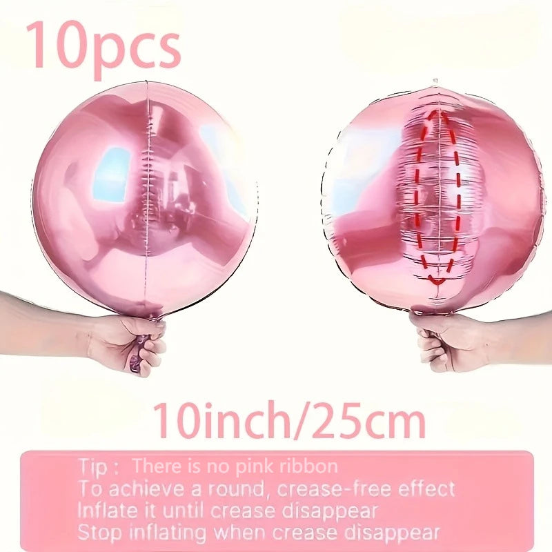 Un juego de diez globos de aluminio rosa, inflados y listos para usar.