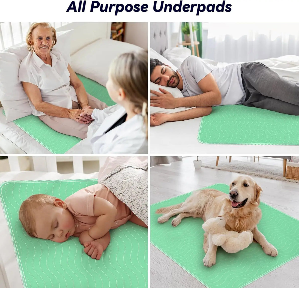 Collection de sous-paillasses réutilisables vertes pour personnes âgées, bébés et animaux.