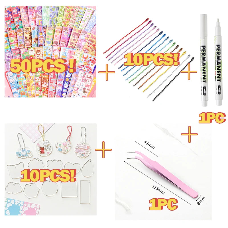 A collection of permanent stickers including 50 pieces, 10 pieces, and 1 piece, featuring various cute designs.