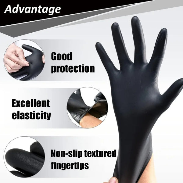 Black heavy duty nitrile disposable gloves shown with close-ups highlighting good protection, elasticity, and non-slip textur