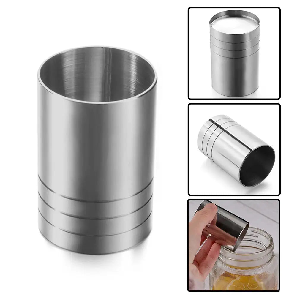 Stainless steel bar measures for cocktail and kitchen, showing a cylindrical measuring cup.