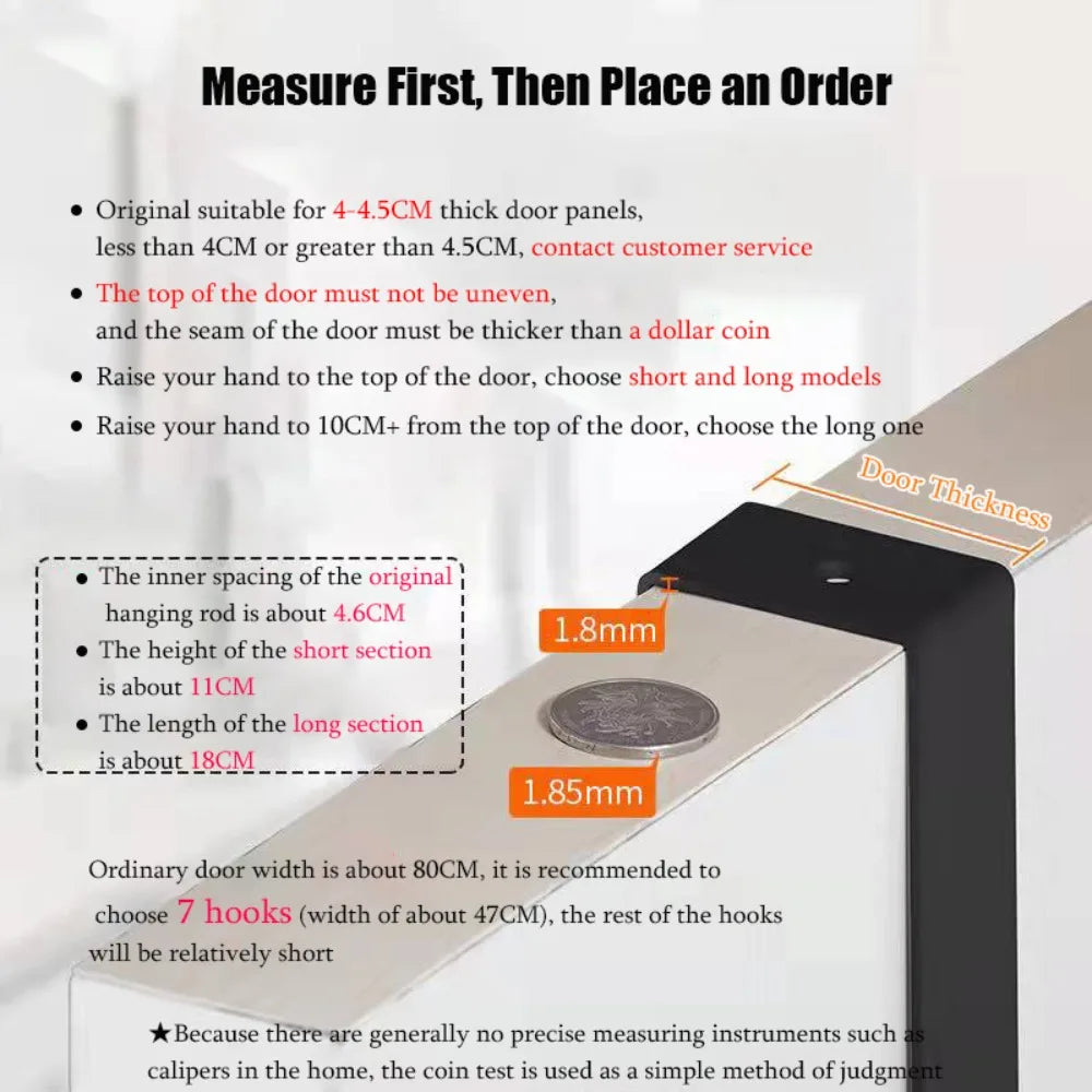 A close-up of heavy-duty adhesive door hooks demonstrating measurements for installing them on a door panel.