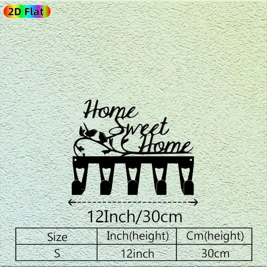 A black rustic metal wall hook key holder with a decorative design and size specifications.