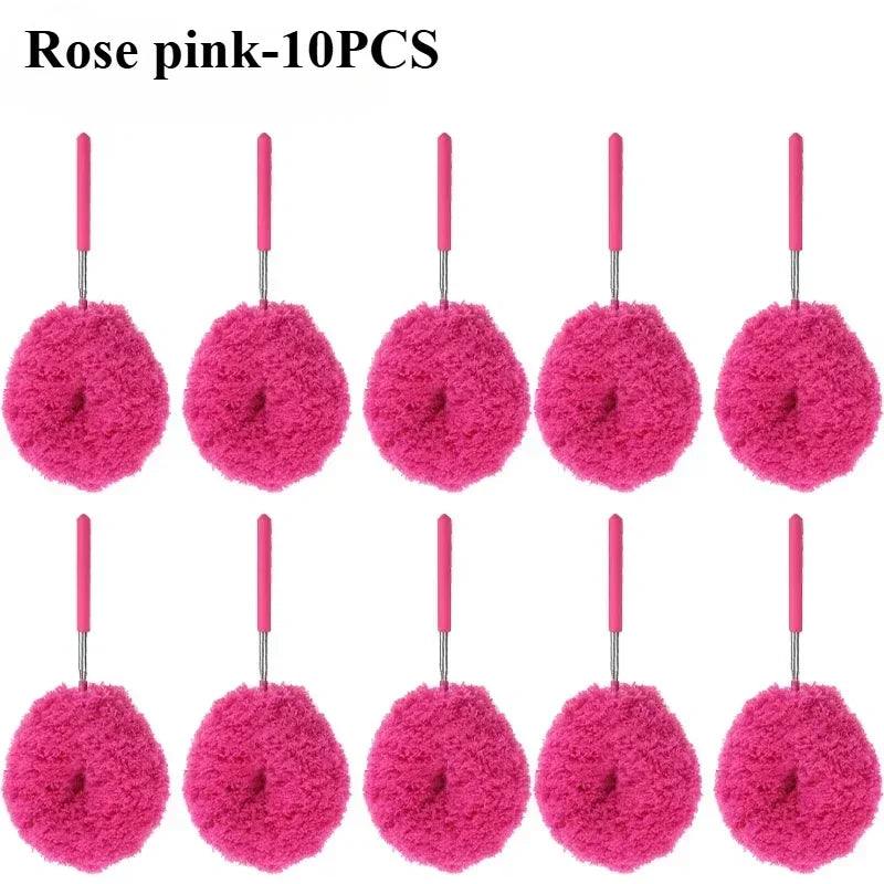 Ten rose pink extendable microfiber dusters on hangers