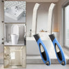 A pair of hard bristle crevice cleaning brushes with non-slip handles shown alongside bathroom and cabinet contexts.