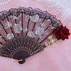 Vintage Spanish flamenco rose lace handheld fan with dark and pink floral patterns