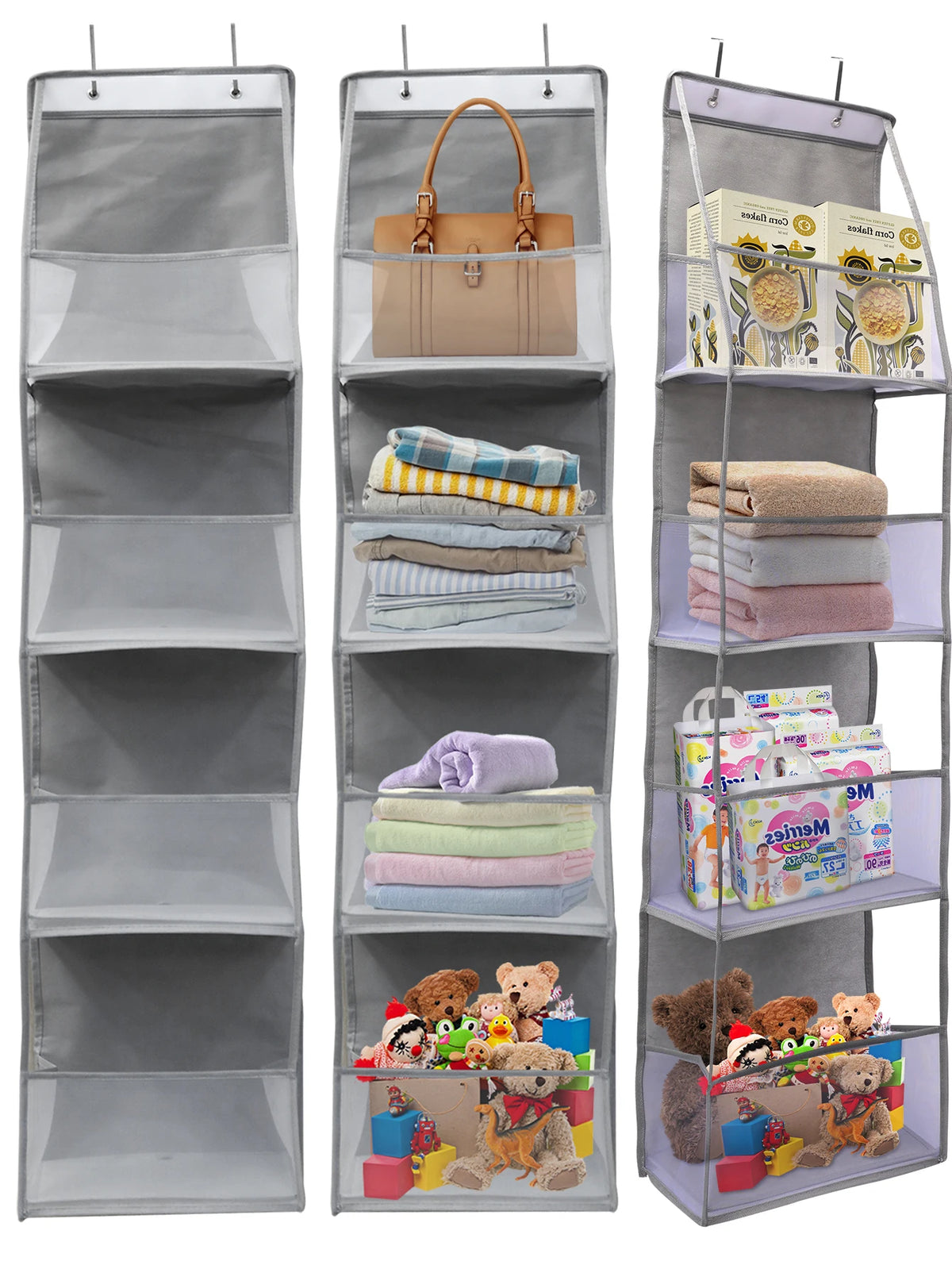 A gray over-the-door fabric storage organizer with multiple pockets holding a handbag, towels, and various small items.
