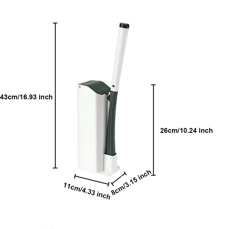 A long-handled disposable toilet brush with a white and black design shown in a vertical orientation.
