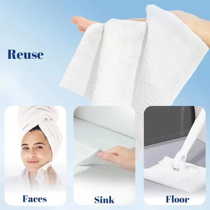 White reusable facial cleansing wipes shown in use for faces, sink, and floor cleaning.
