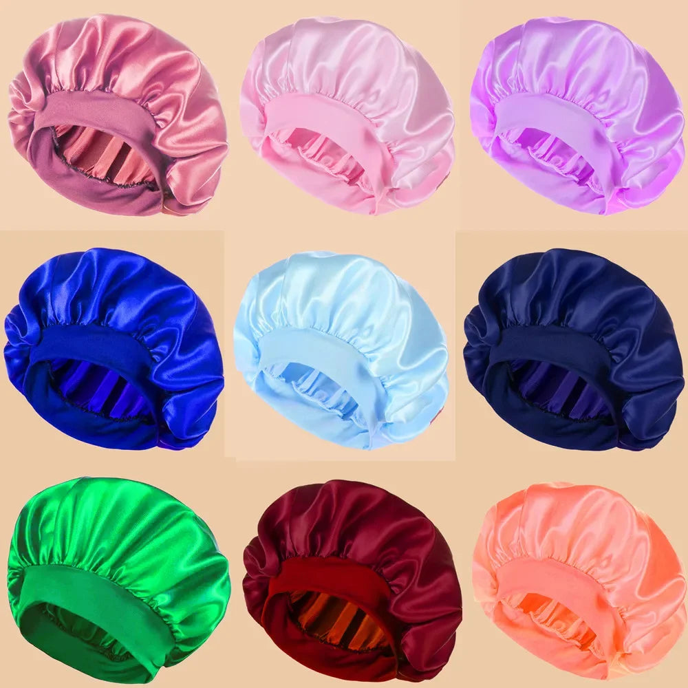 A collection of solid satin wide brim shower caps in various shades including pink purple blue and green