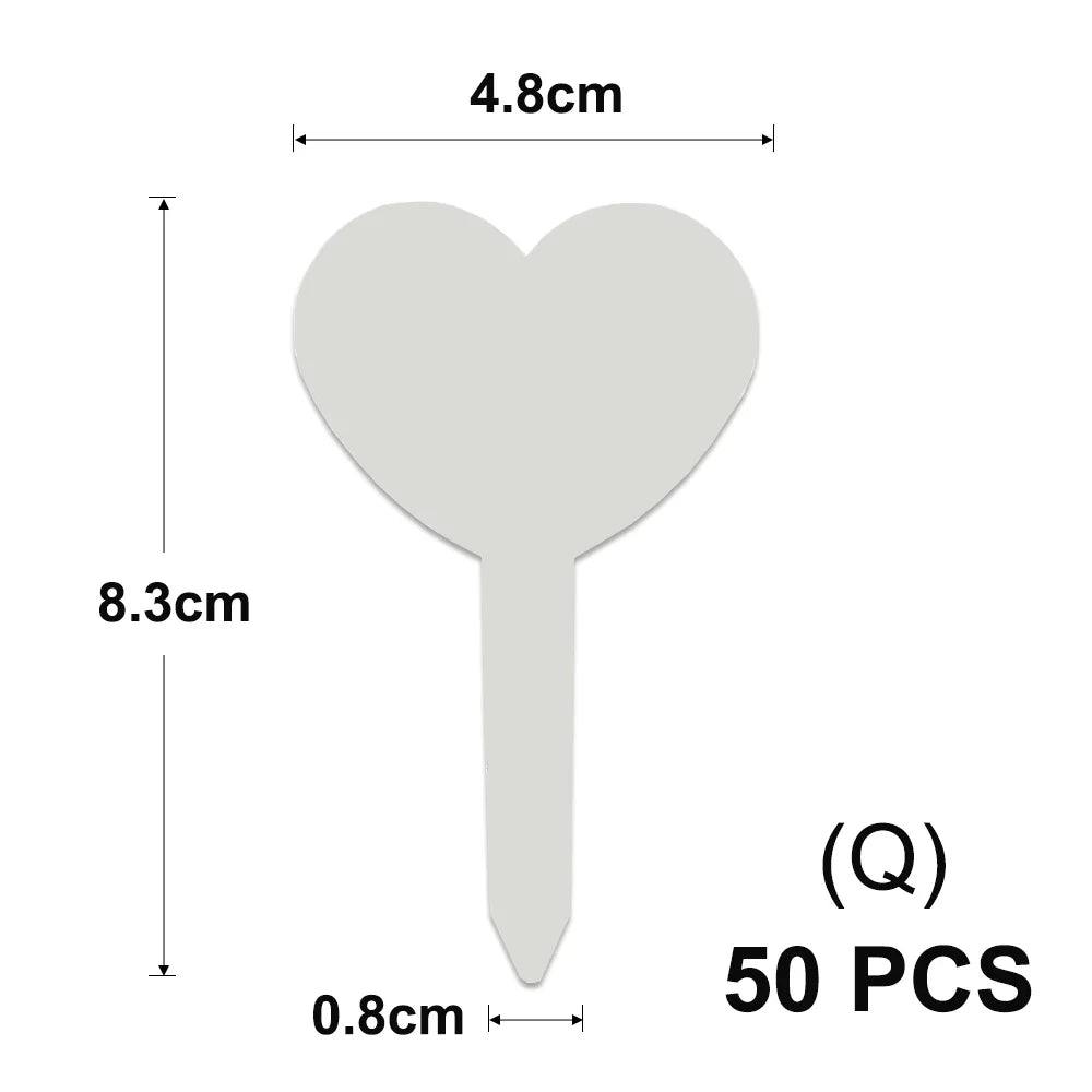 A white T-shaped plant marker with a heart-shaped top and a long stem, measuring 4.8cm in width and 8.3cm in height.