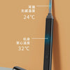 A black visual ear cleaning tool with a blue tip is shown next to a cylindrical component, illustrating temperature settings 